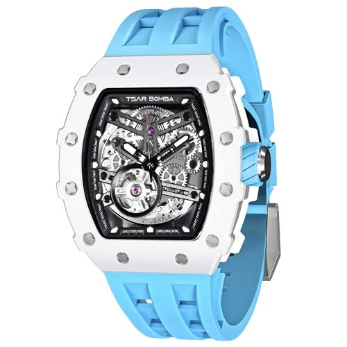 TSAR BOMBA メンズ腕時計 スケルトン メカニカル 自動 メンズ腕時計 セラミック 日本製ムーブメント トノーFKMバンド 50M防水 夜光高級腕時計 男性用 ビジネス ファッション スポーツ カジュアル ギフト 男性用